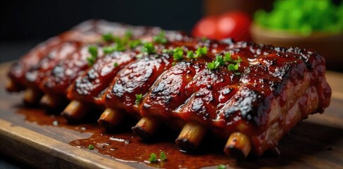A glistening rack of barbeque ribs, fall-off-the-bone tender, with a smoky, sweet, and savory glaze Perfectly cooked and ready to eat , finger food, glaze, meat