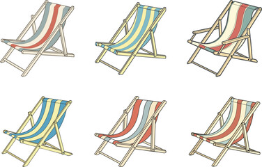 Set of Six Striped Deck Chairs in Various Color Combinations on White