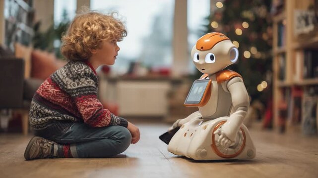 Bonding with Bot: A young child gazes intently at an advanced robot, their eyes mirroring each other in a moment of connection and wonder. This photorealistic depiction showcases future technology.