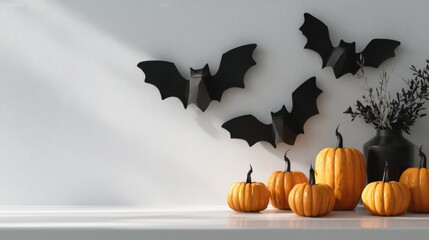 Fototapeta premium A variety of orange pumpkins are arranged on a white marble surface, complemented by black bat decorations on the wall, creating a festive atmosphere for Halloween celebrations