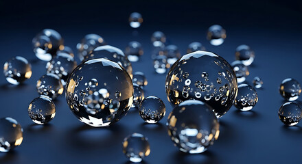 A scattering of clear glass spheres with internal bubbles on a dark blue reflective surface