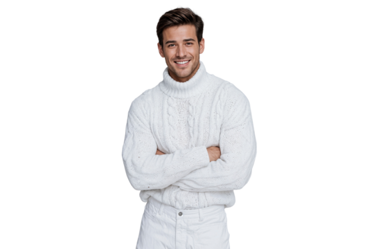 Handsome man smiling and posing in a turtleneck sweater, winter fashion concept, isolated on transparent background