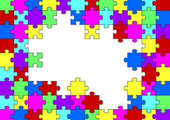 Colorful jigsaw puzzle pieces create a vibrant border as abstract background. The design highlights concepts of connection, teamwork, problem solving, game, and education. Colorful puzzle banner