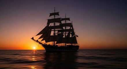Majestic tall ship sailing across the ocean during a vibrant sunset silhouette