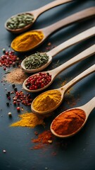 Aromatic Spices in Wooden Spoons on a Rustic Tabletop