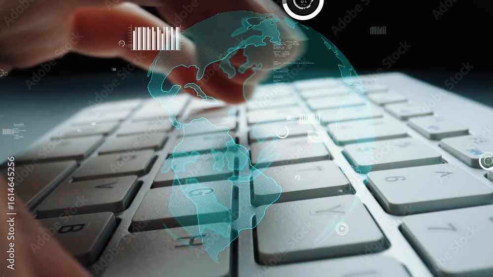 Poster hands are typing on a sleek keyboard while a digital world overlay and data visuals illustrate innov