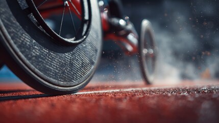 Close-up of a racing wheelchair wheel on a track, highlighting speed and motion with a dynamic, blurred background.