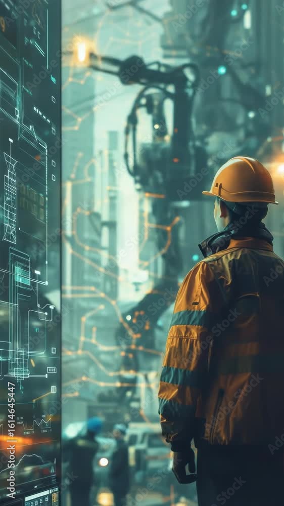 Poster futuristic worker observing advanced machinery. a person in protective gear gazes at a large-scale r