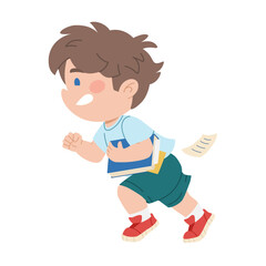 Running schoolboy with book. Kid hurry and late. Cute character student. Back to school. Children education. Vector illustration
