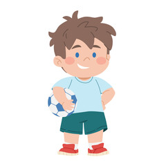 Schoolboy with soccer ball in hand. Schoolboy athlete full length. Cute character student. Back to school. Children education. Vector illustration