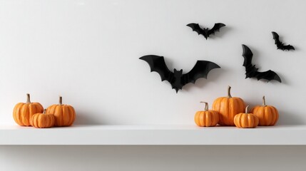 A variety of orange pumpkins are arranged on a white marble surface, complemented by black bat decorations on the wall, creating a festive atmosphere for Halloween celebrations