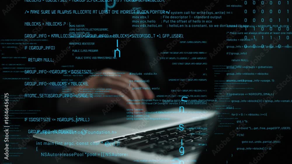 Poster an artistic representation of coding and technology, showcasing a hand on a keyboard with digital da