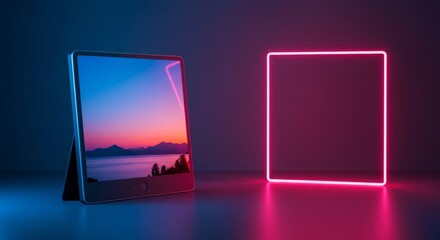 Modern tablet displaying a stunning sunset landscape with a glowing pink square backdrop