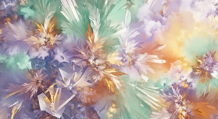 Abstract floral arrangement with pastel colors and crystalline structures throughout the design