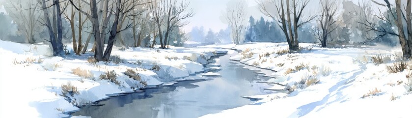 A serene winter landscape with a partially frozen river flanked by snow-covered banks and leafless trees under a pale sky.