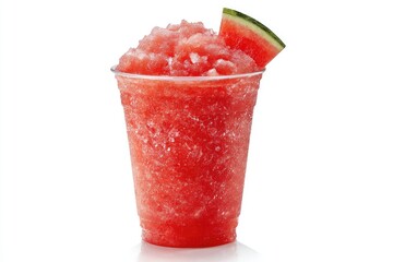 Red frozen watermelon drink in a clear plastic cup