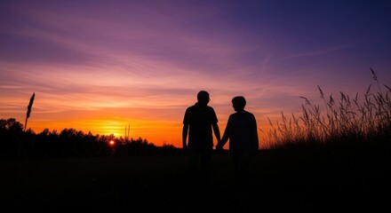 Two figures holding hands in silhouette against a vibrant sunset sky with purple and orange hues
