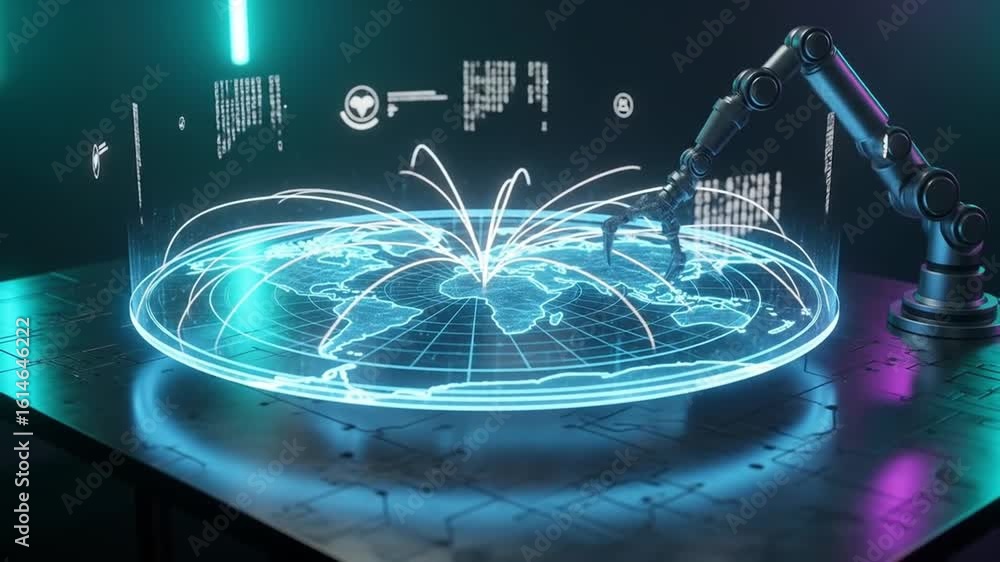 Poster futuristic robotic arm interacting with a holographic world map display, showcasing global connectiv