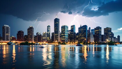 Obraz premium City skyline at night during a dramatic thunderstorm with lightning striking, reflected in floodwaters