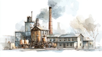 A watercolor illustration of an industrial factory with smokestacks emitting smoke, showcasing an older manufacturing complex with various buildings and machinery.