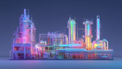 A digital rendering of an industrial complex, showcasing a vibrant array of iridescent pipes