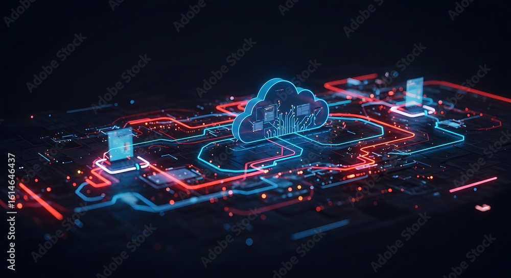 Poster abstract digital illustration of a cloud computing network with glowing blue and red interconnected 
