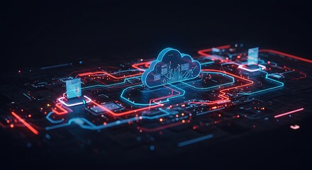 Abstract digital illustration of a cloud computing network with glowing blue and red interconnected lines on a dark background.