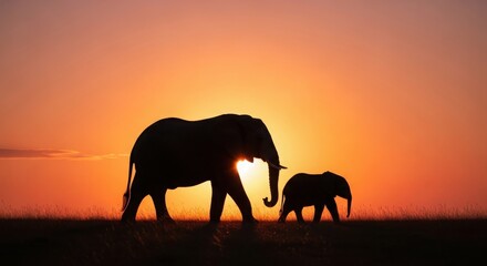 Fototapeta premium Majestic african elephants silhouetted against a vibrant sunset sky in the savannah