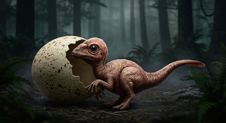Obraz premium baby tyranosaur allosaur cracked an egg hatching in wild jungle newborn hatchling