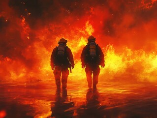 Fototapeta premium Two brave firefighters walk towards a raging fire, equipped with gear and breathing apparatus, ready to combat the intense blaze under a smoky, orange sky.