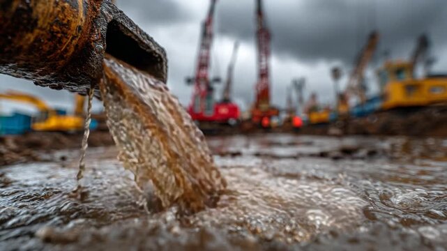 Polluted water streams from a pipe at a construction site. Heavy equipment visible. Overcast sky