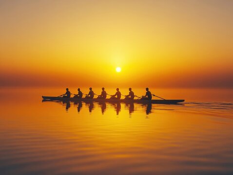 A group of rowers in a boat moves in unison across a calm body of water. The sun sets on the horizon, casting a warm golden glow over the peaceful scene.