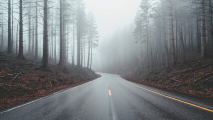 Fototapeta premium Foggy forest winding road