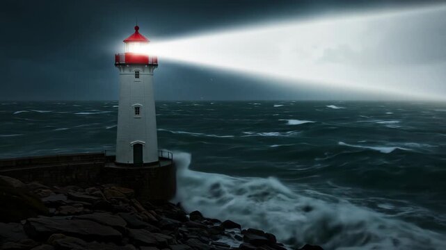 Lighthouse beam cuts through stormy sea at night