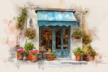 Fototapeta premium A charming cafe entrance with a blue canopy, surrounded by colorful potted flowers and plants, rendered in a soft watercolor style.