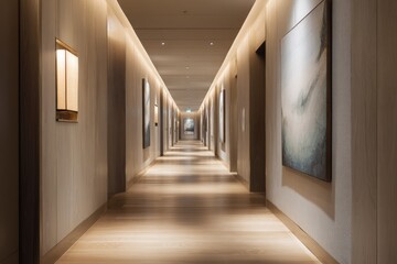 Long, subtly lit hallway with artwork (1)