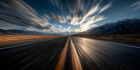 Driving at high speed along an empty road creates a stunning motion blur effect, showcasing the thrill of speed and the dynamic nature of driving in such an open space.