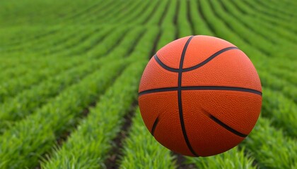 A basketball rests in a verdant, furrowed field