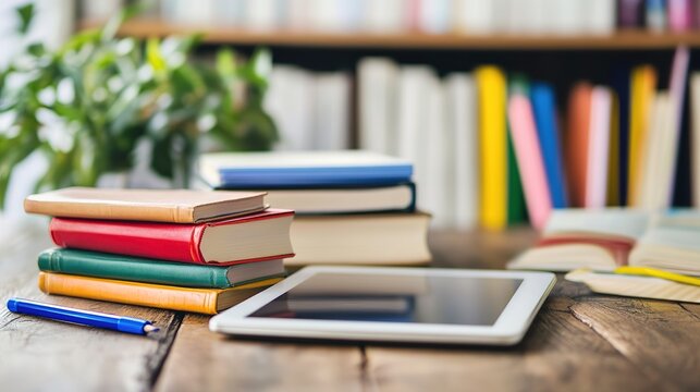 A stack of hardcover books and a pen next to a tablet on a wooden table with blurred bookshelves and plants in the background.