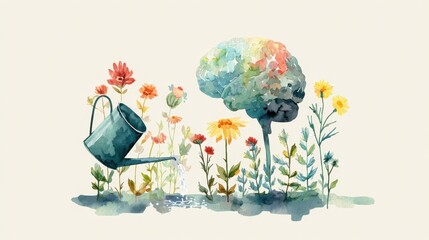 Naklejka premium A watercolor illustration of a brain growing like a tree, surrounded by flowers being watered, symbolizing mental growth and nurturing.