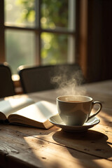 Fototapeta premium Steaming cup of tea beside an open book on rustic wooden table in warm morning light, capturing a moment of peaceful solitude perfect for mindfulness and slow lifestyle promotion visuals