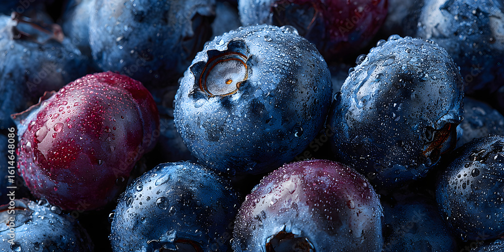 Poster fresh blueberries create a delightful background in this top view image. enjoy the vibrant and tasty