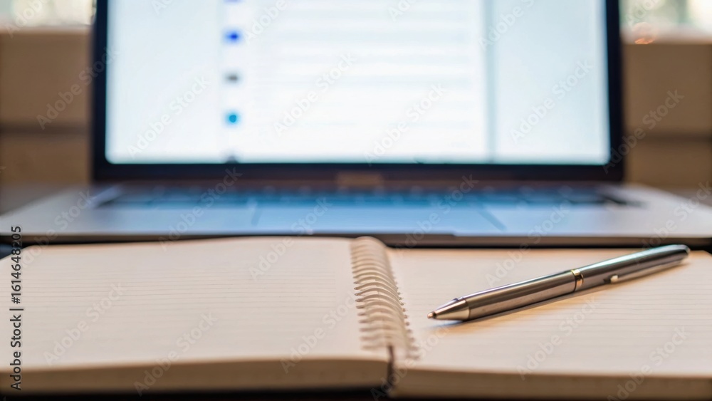 Poster a laptop and an open notebook with a pen are displayed, suggesting a workspace for writing or studyi