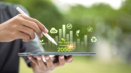 Net zero 2050 mission with data chart and sustainability icons