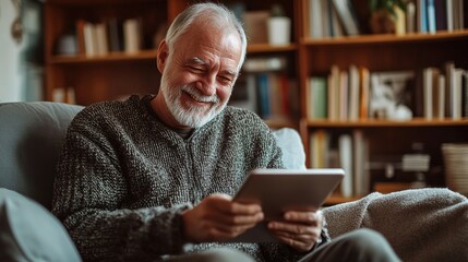 A smiling elderly man with a gray beard enjoys using a tablet while sitting comfortably in a cozy, book-filled living room.