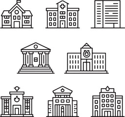 Fototapeta premium Institutional Buildings Outline Icon Pack: School, Hospital, Library, Courthouse, University Campus, Police Station, and Fire Department