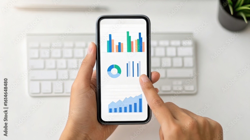 Poster a person analyzing data on a smartphone, showcasing various colorful graphs and charts, with a keybo