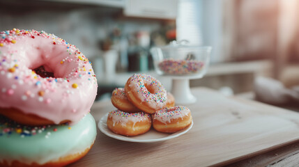 Baking Scene with Freshly Made Doughnuts and Colorful Sprinkles. The bright colors and sprinkles make it great for content aimed at a younger demographic or for celebrating events like birthdays. 