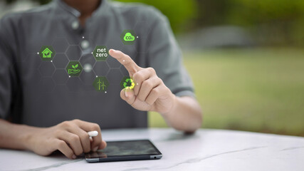 Touching net zero digital icons for sustainability and eco goals