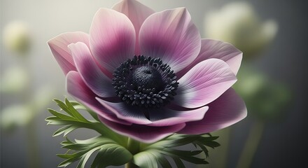A close up shot of a pink anemone flower with a dark center and green leaves on a soft background